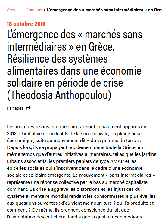 L’émergence des «&nbsp;marchés sans intermédiaires&nbsp;» en Grèce. Résilience des systèmes alimentaires dans une économie solidaire en période de crise (Theodosia Anthopoulou)